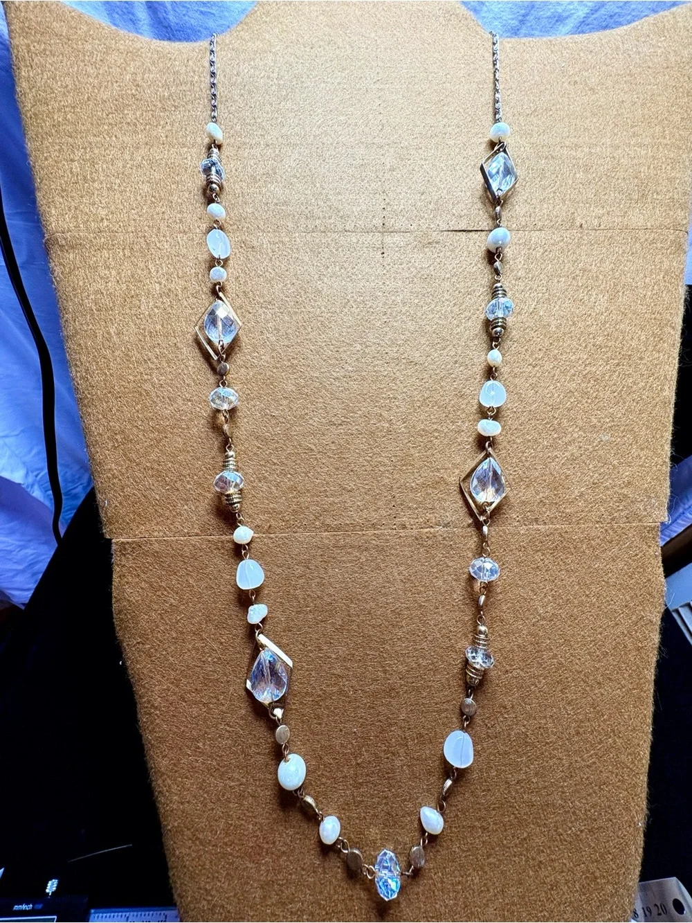 Vintage Elegant Gold-Tone Beaded Long Necklace with Clear and Cream Accents